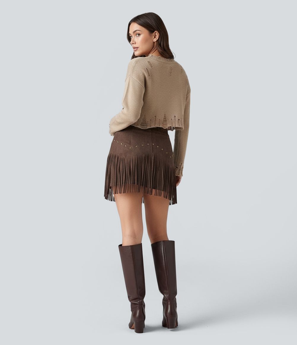 Mid Rise Studded Fringe Suede Micro Mini Skirt