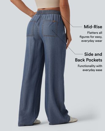 Mid Rise Draped Casual Straight Leg Jeans with Pockets