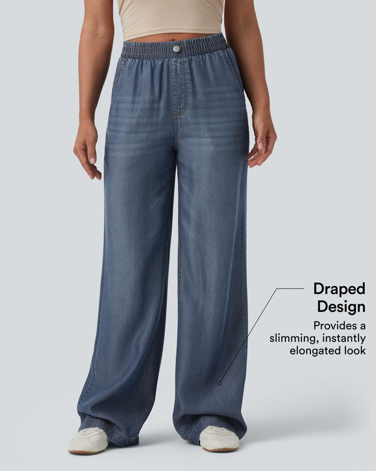 Mid Rise Draped Casual Straight Leg Jeans with Pockets