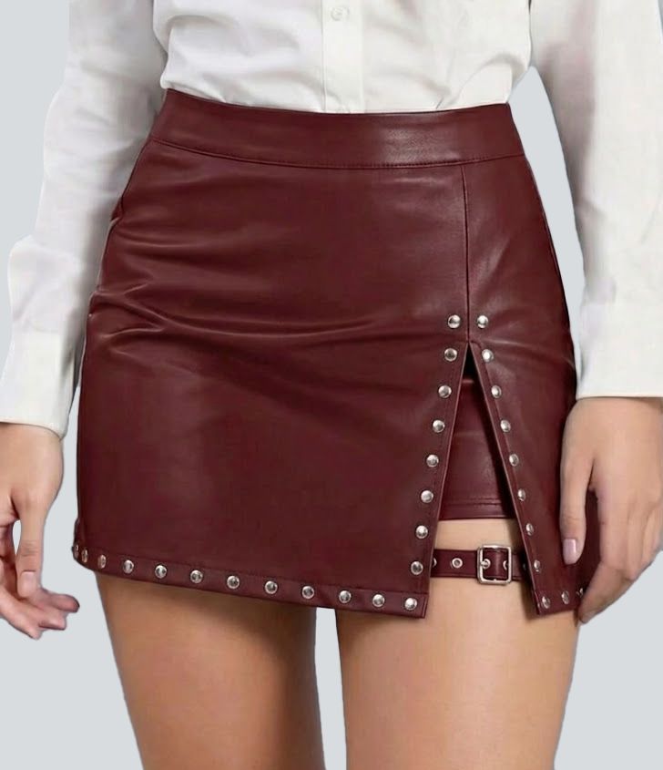 Mid Rise Studded Fleece PU Leather Micro Mini Skirt