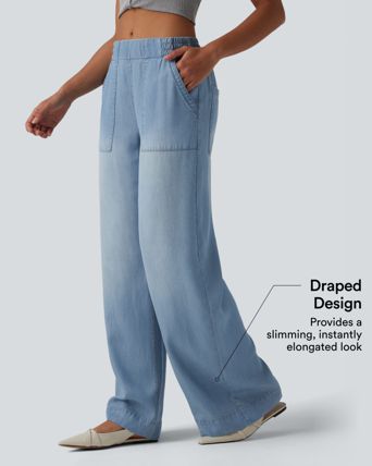 Mid Rise Draped Wide Leg Casual Jeans with Pockets