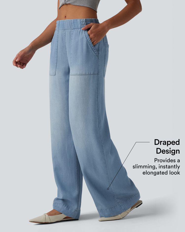 Mid Rise Draped Wide Leg Casual Jeans with Pockets