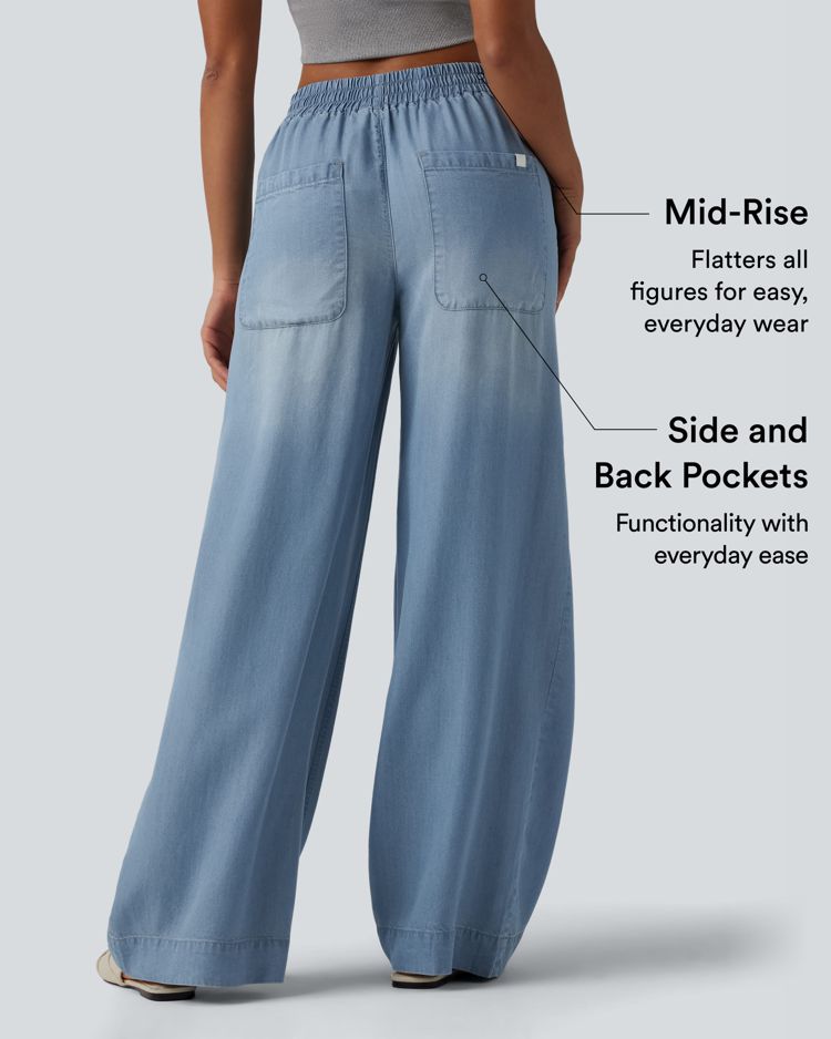 Mid Rise Draped Wide Leg Casual Jeans with Pockets