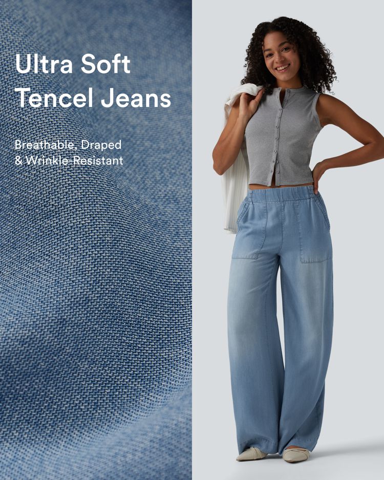 Mid Rise Draped Wide Leg Casual Jeans with Pockets