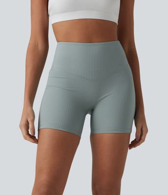 Ribbed Knit High Waisted Yoga Biker Shorts 5'' with Pocket