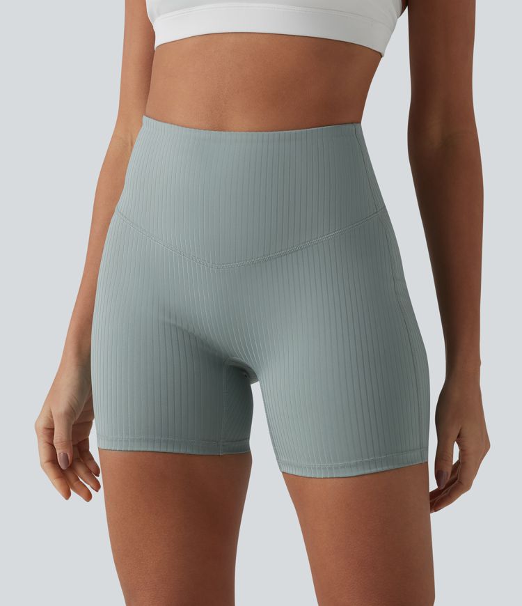 Ribbed Knit High Waisted Yoga Biker Shorts 5'' with Pocket