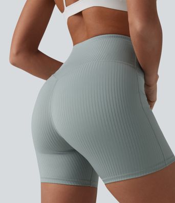 Ribbed Knit High Waisted Yoga Biker Shorts 5'' with Pocket