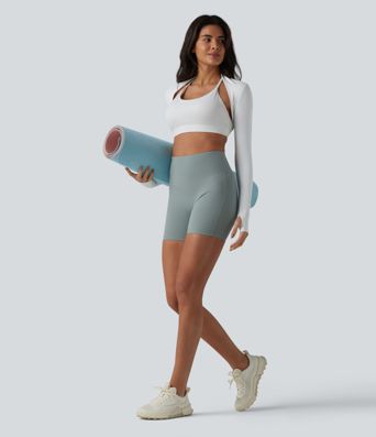 Ribbed Knit High Waisted Yoga Biker Shorts 5'' with Pocket