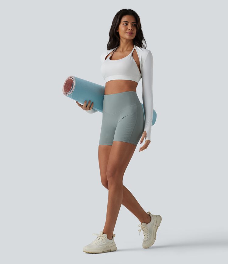 Ribbed Knit High Waisted Yoga Biker Shorts 5'' with Pocket