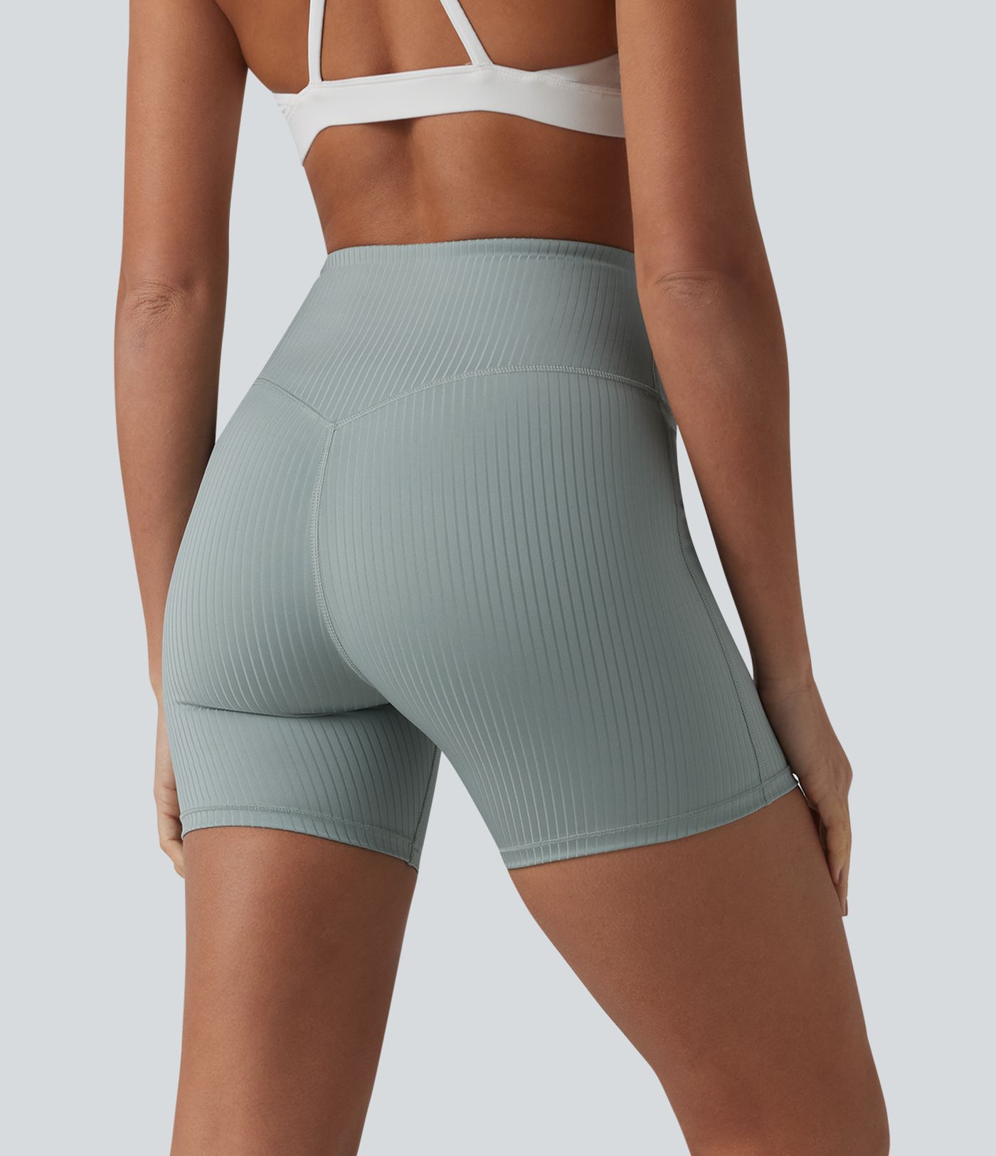 Ribbed Knit High Waisted Yoga Biker Shorts 5'' with Pocket