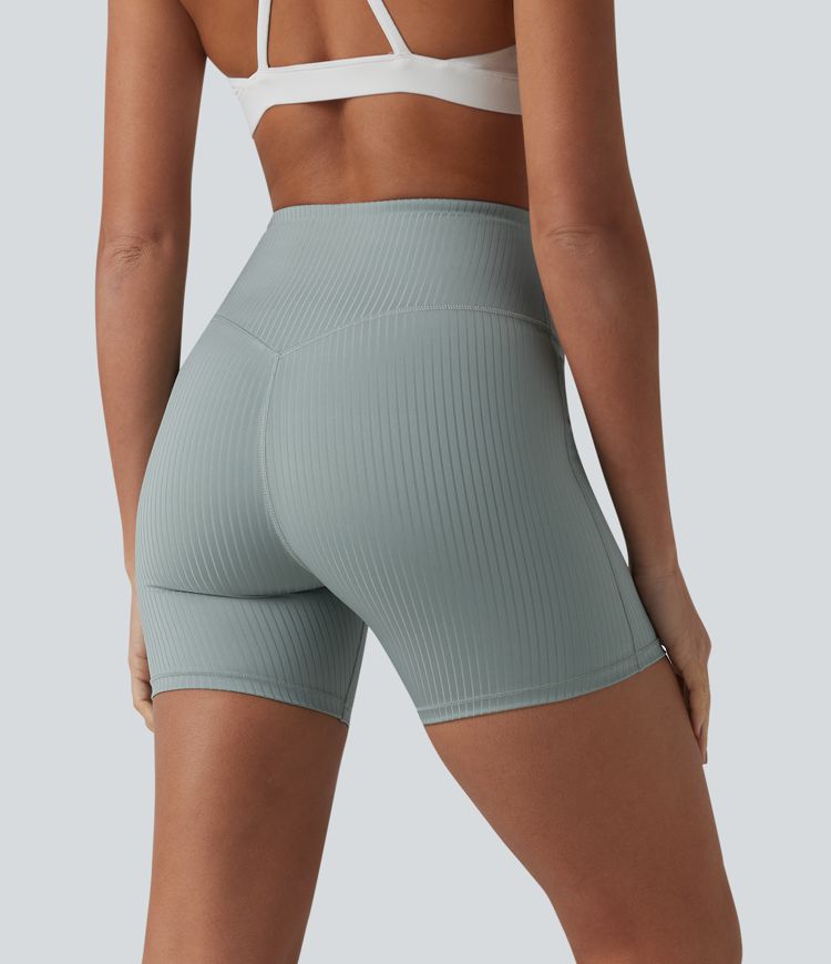 Ribbed Knit High Waisted Yoga Biker Shorts 5'' with Pocket