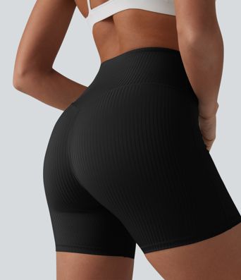 Ribbed Knit High Waisted Yoga Biker Shorts 5'' with Pocket
