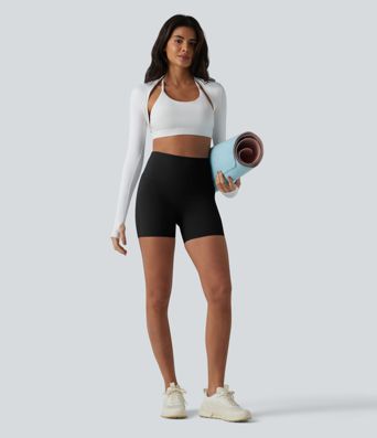 Ribbed Knit High Waisted Yoga Biker Shorts 5'' with Pocket