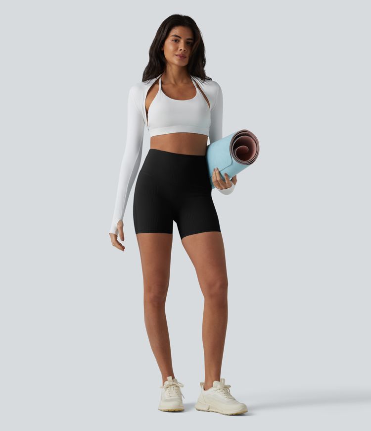 Ribbed Knit High Waisted Yoga Biker Shorts 5'' with Pocket
