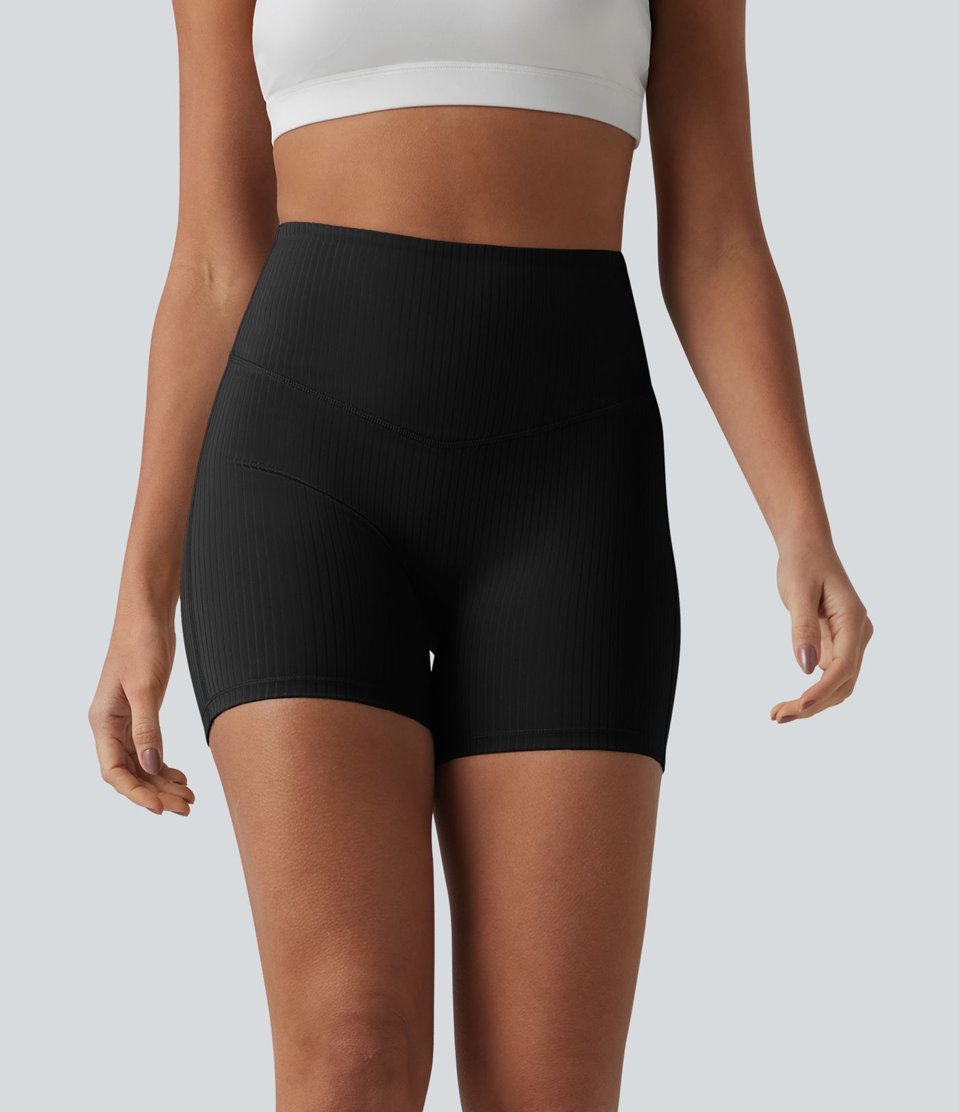 Ribbed Knit High Waisted Yoga Biker Shorts 5'' with Pocket