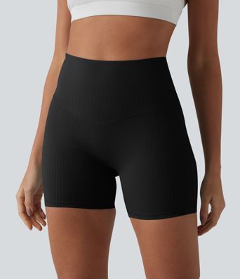 Ribbed Knit High Waisted Yoga Biker Shorts 5'' with Pocket