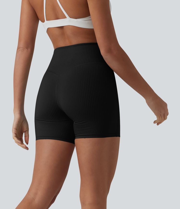 Ribbed Knit High Waisted Yoga Biker Shorts 5'' with Pocket