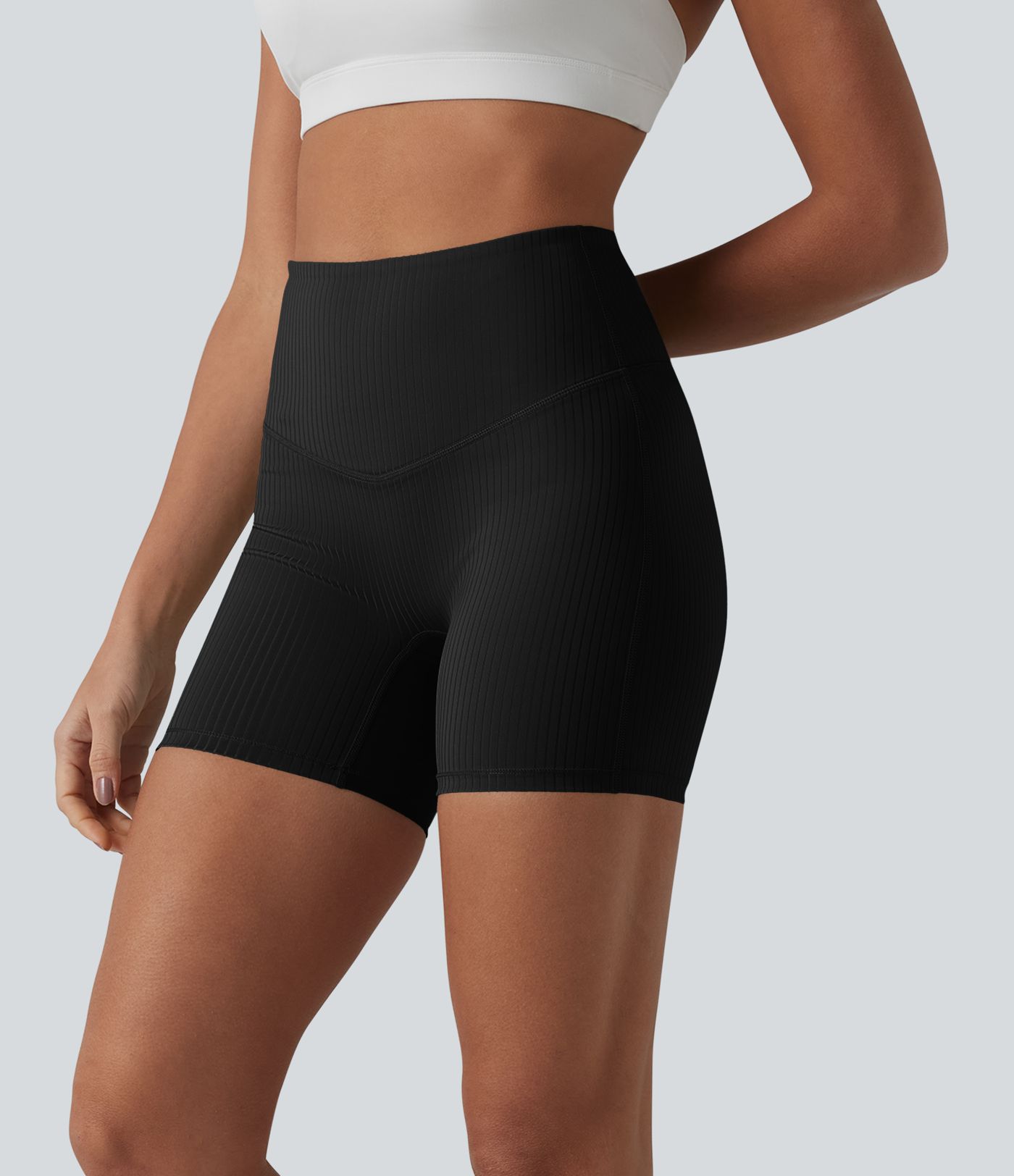 Ribbed Knit High Waisted Yoga Biker Shorts 5'' with Pocket