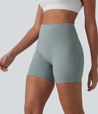 Ribbed Knit High Waisted Yoga Biker Shorts 5'' with Pocket