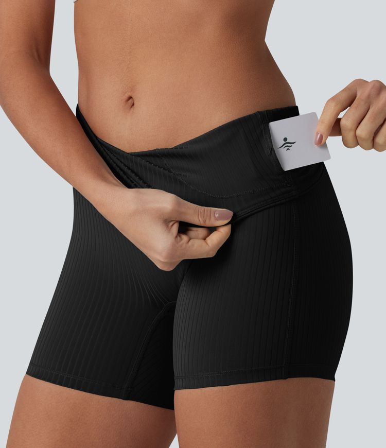 Ribbed Knit High Waisted Yoga Biker Shorts 5'' with Pocket
