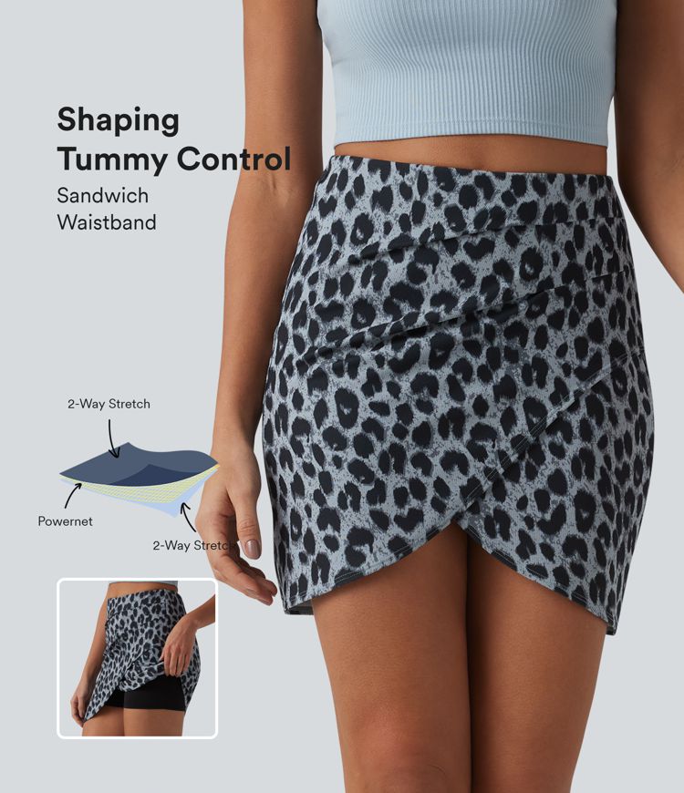 Jupe mini casual tulipe 2-en-1 taille haute ventre plat, froncée en tissu gaufré imprimé léopard