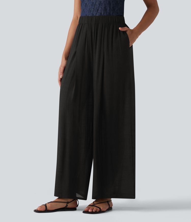 High Waisted Linen-Feel Casual Wide Leg Pants with Pockets