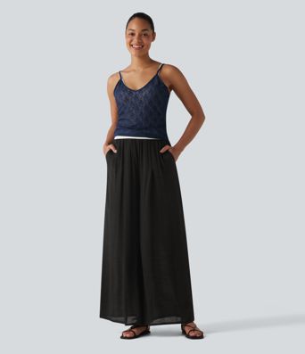 High Waisted Linen-Feel Casual Wide Leg Pants with Pockets