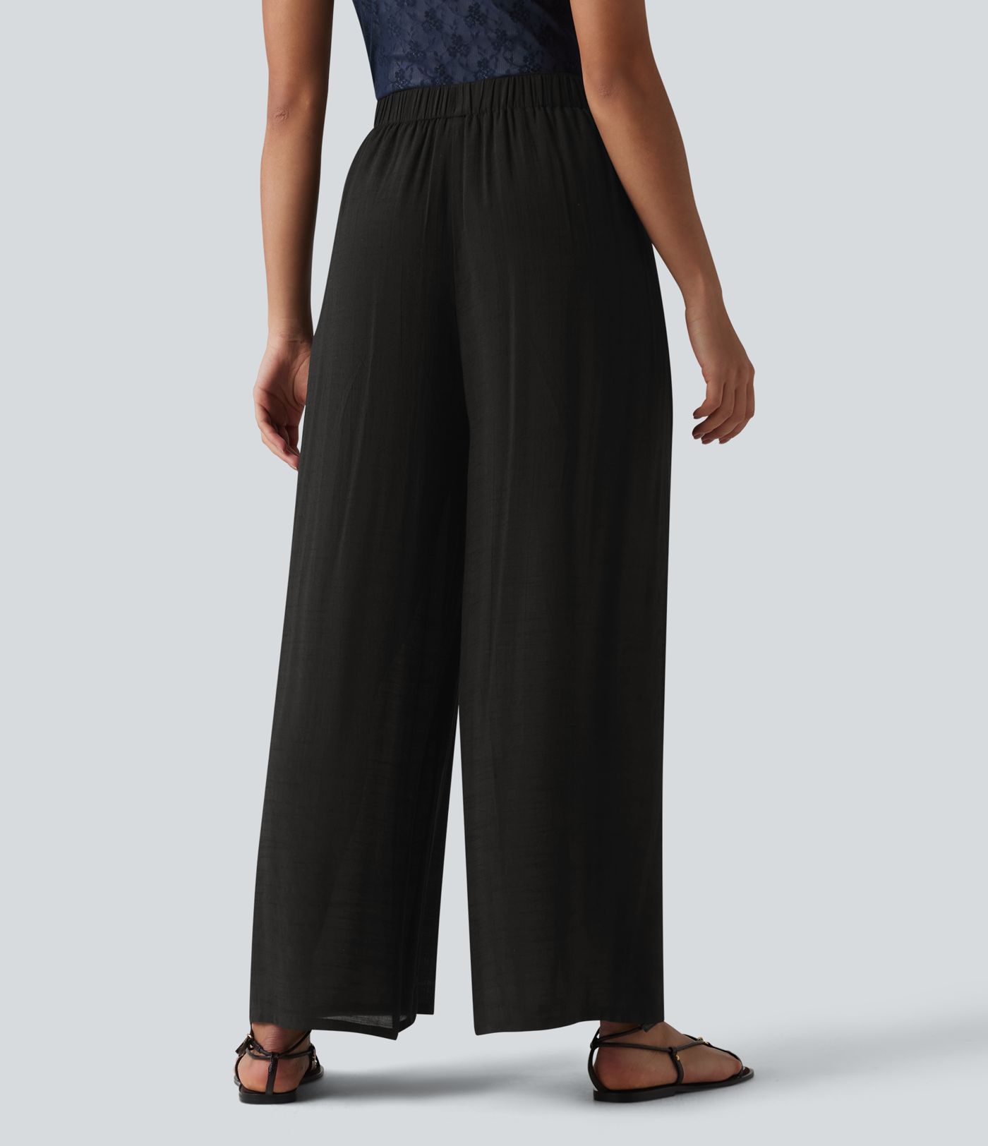 High Waisted Linen-Feel Casual Wide Leg Pants with Pockets