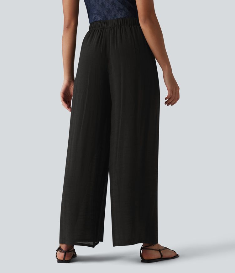 High Waisted Linen-Feel Casual Wide Leg Pants with Pockets