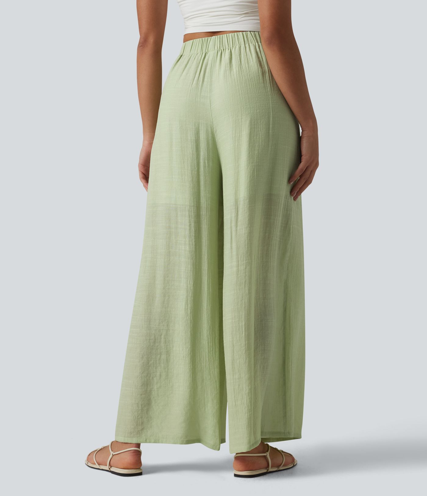 Pantalon large fluide décontracté taille haute aspect lin avec poches