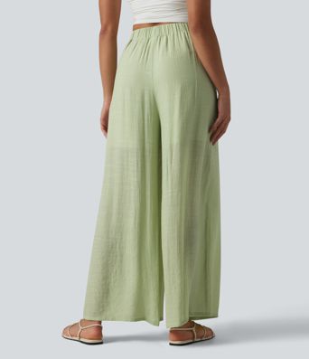 Pantalon large fluide décontracté taille haute aspect lin avec poches