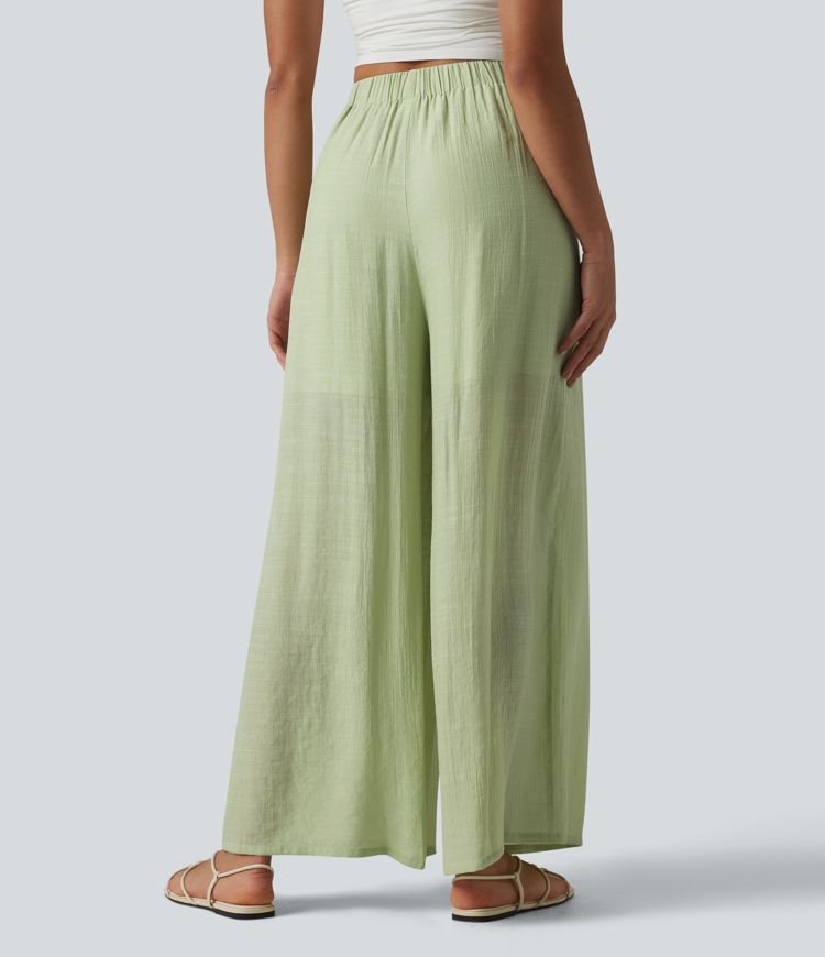 Pantalon large fluide décontracté taille haute aspect lin avec poches