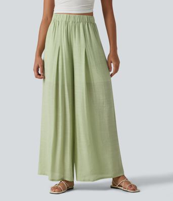 Pantalon large fluide décontracté taille haute aspect lin avec poches