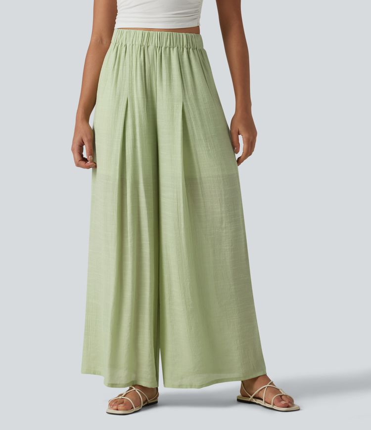 Pantalon large fluide décontracté taille haute aspect lin avec poches