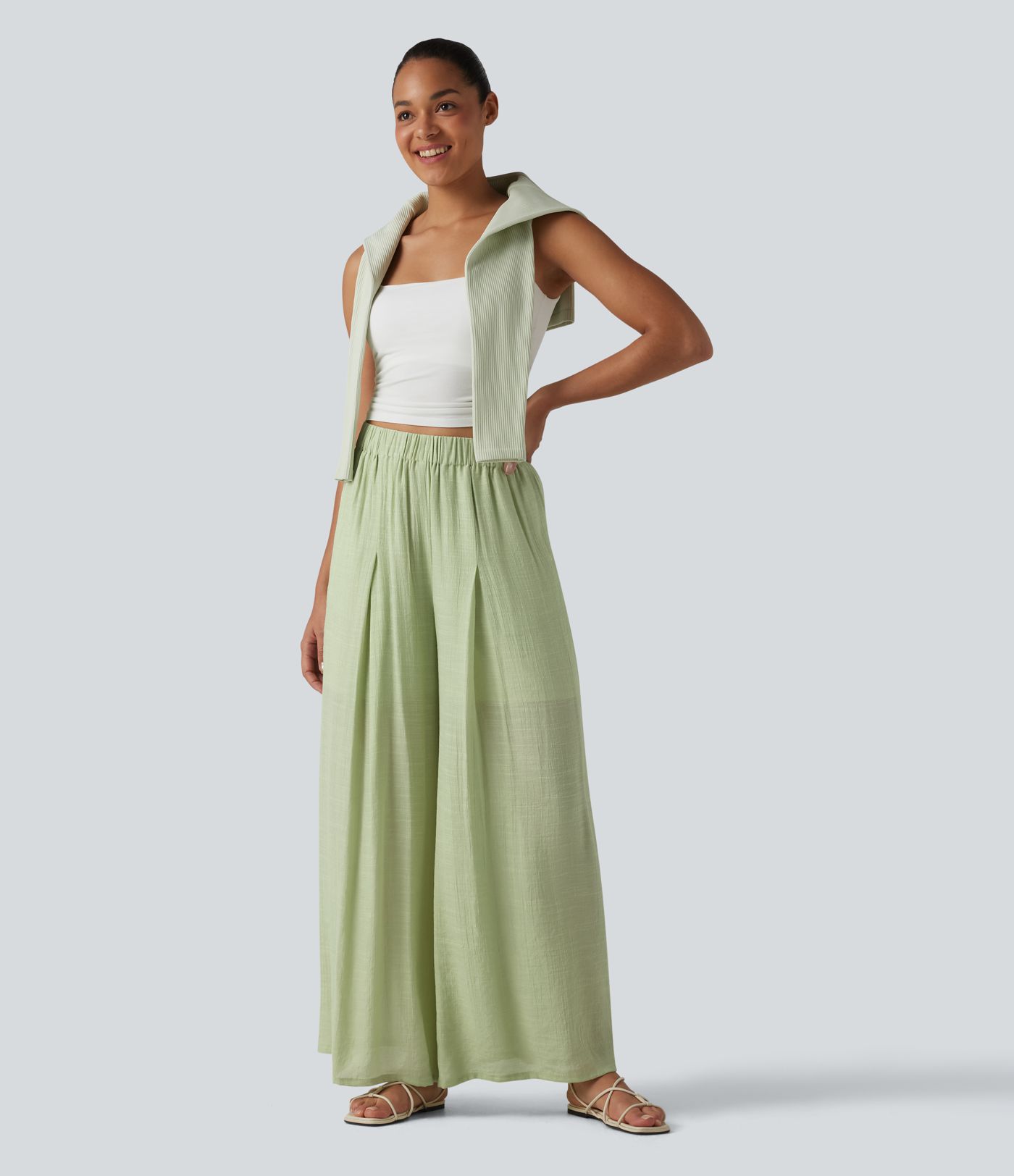 Pantalon large fluide décontracté taille haute aspect lin avec poches