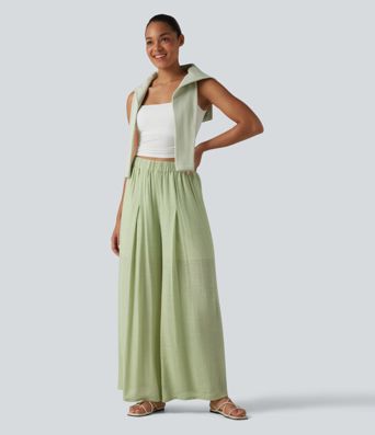 Pantalon large fluide décontracté taille haute aspect lin avec poches