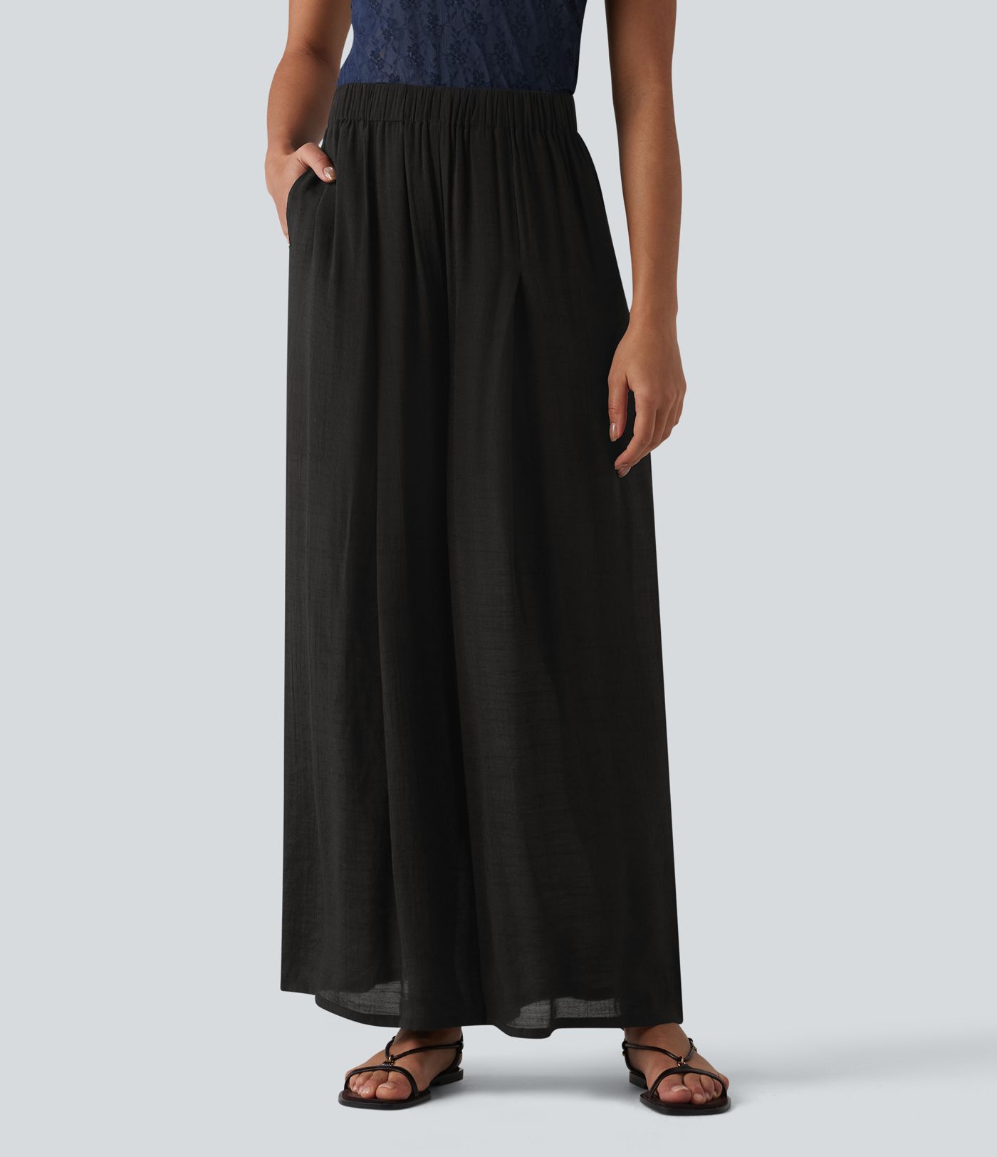 High Waisted Linen-Feel Casual Wide Leg Pants with Pockets