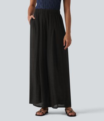 High Waisted Linen-Feel Casual Wide Leg Pants with Pockets