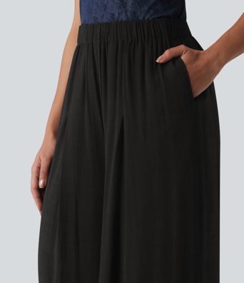 High Waisted Linen-Feel Casual Wide Leg Pants with Pockets