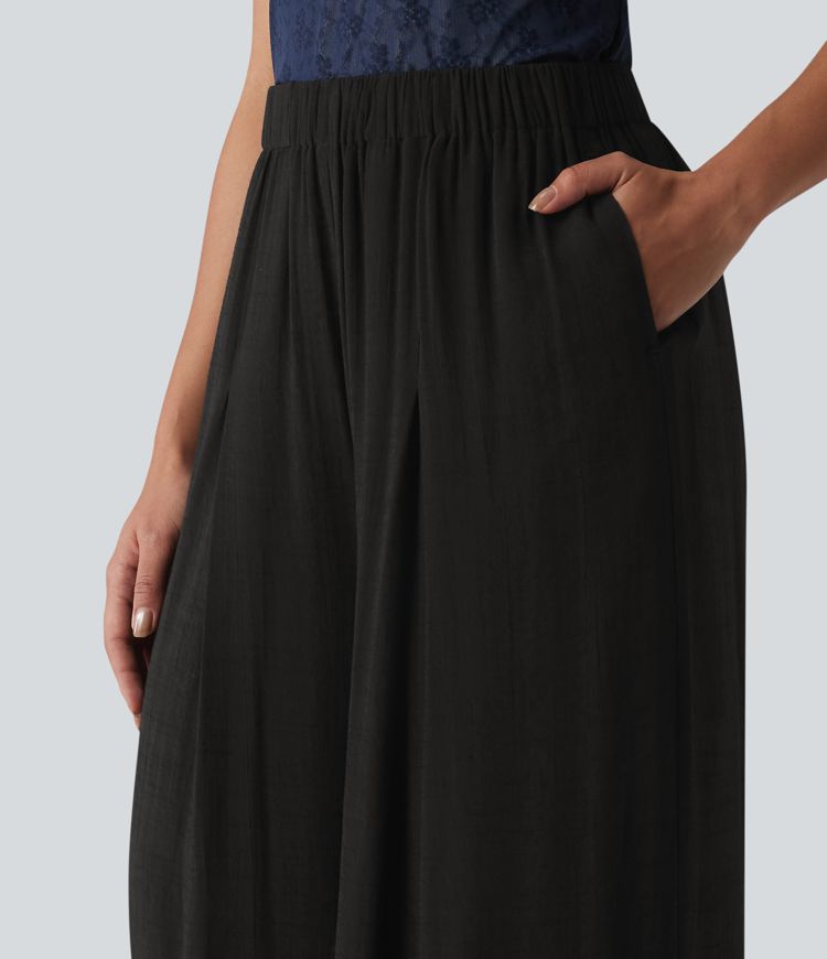 High Waisted Linen-Feel Casual Wide Leg Pants with Pockets