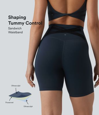 Halara Ultrasculpt™ High Waisted Tummy Control Crossover Back Running Biker Shorts 7'' with Pockets