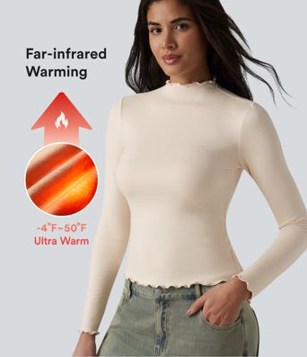 Halara HeatCore Mock-neck Long Sleeve Lettuce Trim Casual Warming Top