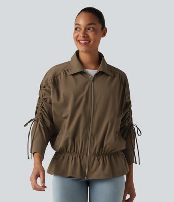 Long Sleeve Drawstring Ruffle Hem Casual Jacket with Pockets