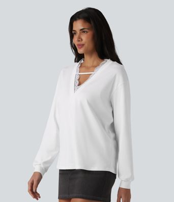 V-neck Contrast Lace Long Sleeve Casual Pima Cotton T-Shirt V-neck Contrast Lace Long Sleeve Casual Pima Cotton T-Shirt