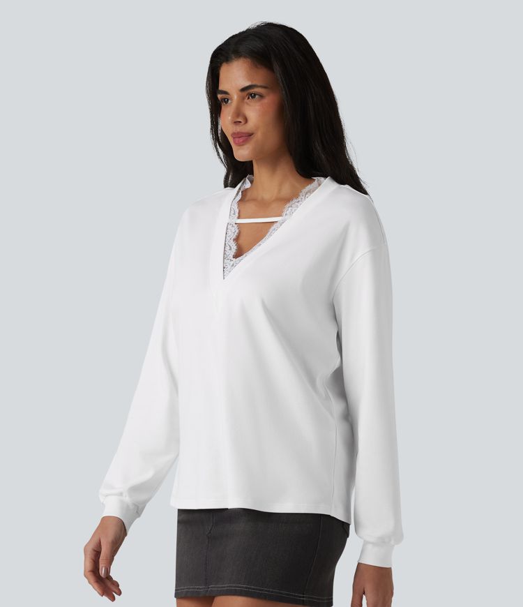 V-neck Contrast Lace Long Sleeve Casual Pima Cotton T-Shirt V-neck Contrast Lace Long Sleeve Casual Pima Cotton T-Shirt