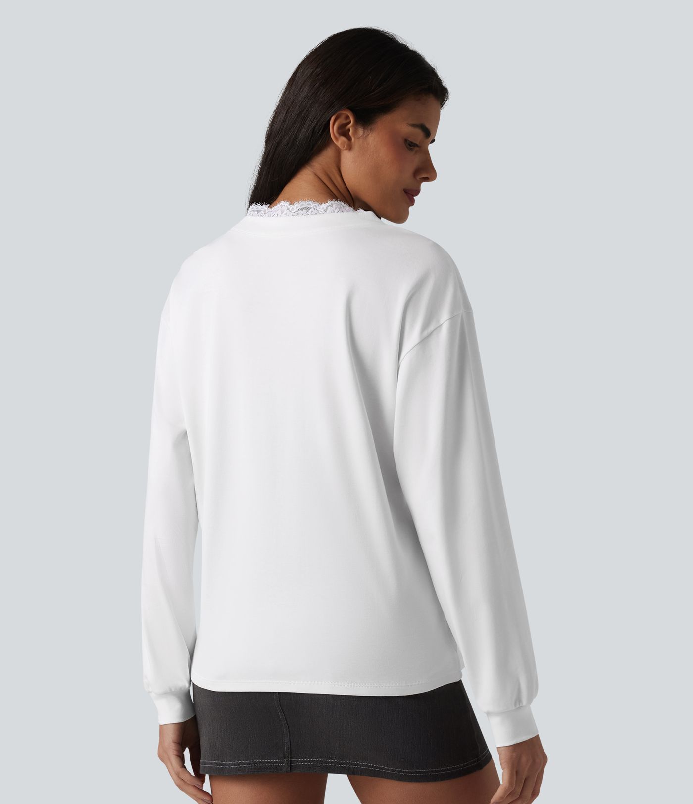 V-neck Contrast Lace Long Sleeve Casual Pima Cotton T-Shirt V-neck Contrast Lace Long Sleeve Casual Pima Cotton T-Shirt