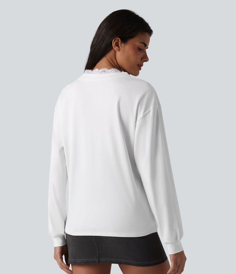 V-neck Contrast Lace Long Sleeve Casual Pima Cotton T-Shirt V-neck Contrast Lace Long Sleeve Casual Pima Cotton T-Shirt