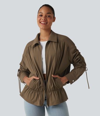 Long Sleeve Drawstring Ruffle Hem Casual Jacket with Pockets