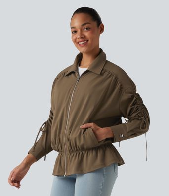 Long Sleeve Drawstring Ruffle Hem Casual Jacket with Pockets