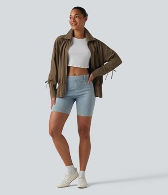 Long Sleeve Drawstring Ruffle Hem Casual Jacket with Pockets